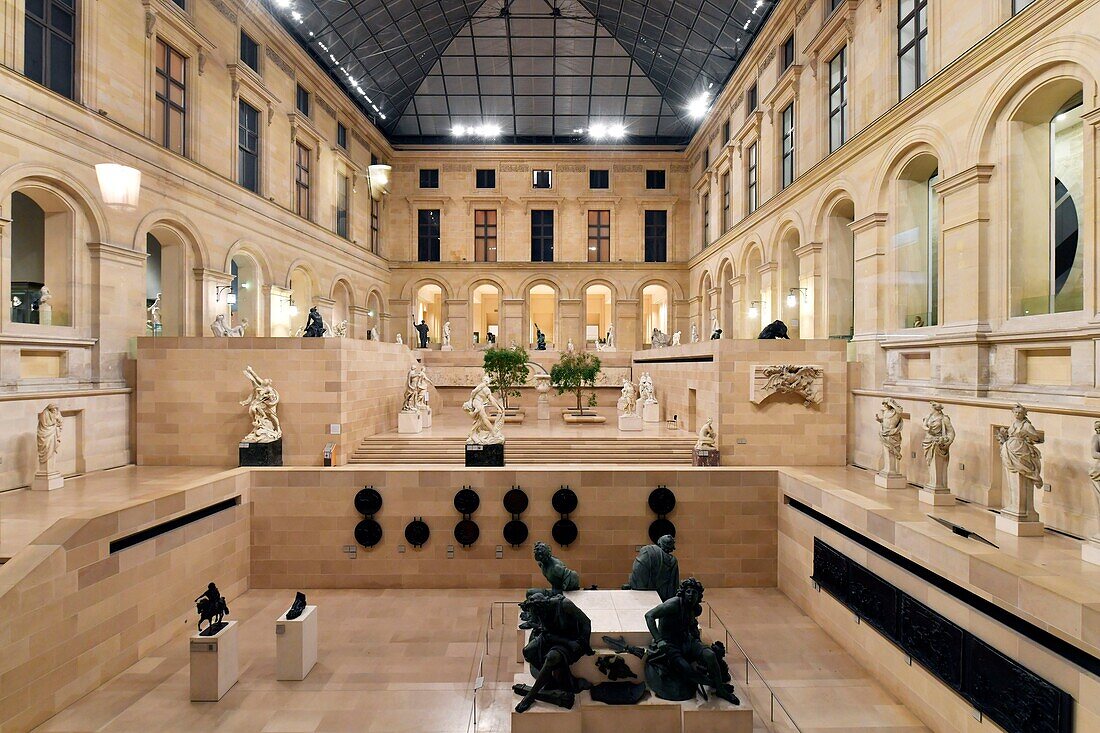 France, Paris, area listed as World Heritage by UNESCO, view inside Musee du Louvre from the Passage Richelieu