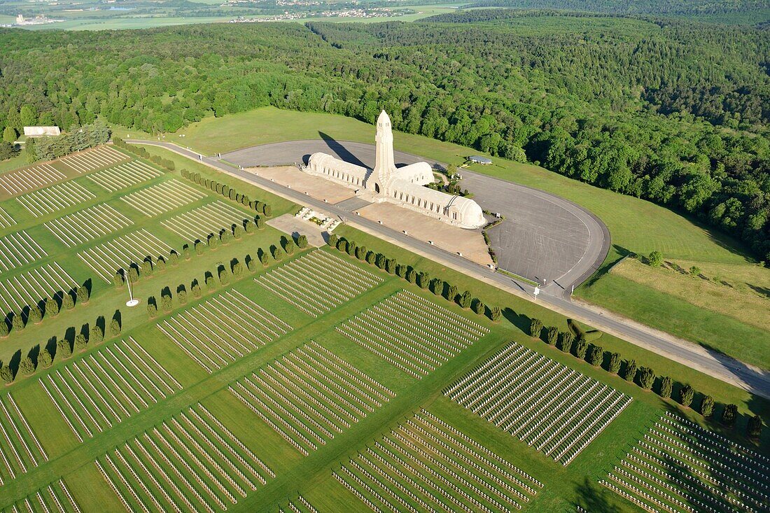 France, Meuse, Douaumont, Ossuary of Douaumont the military cemetery of the deaths of the war 14 18 (aerial view)