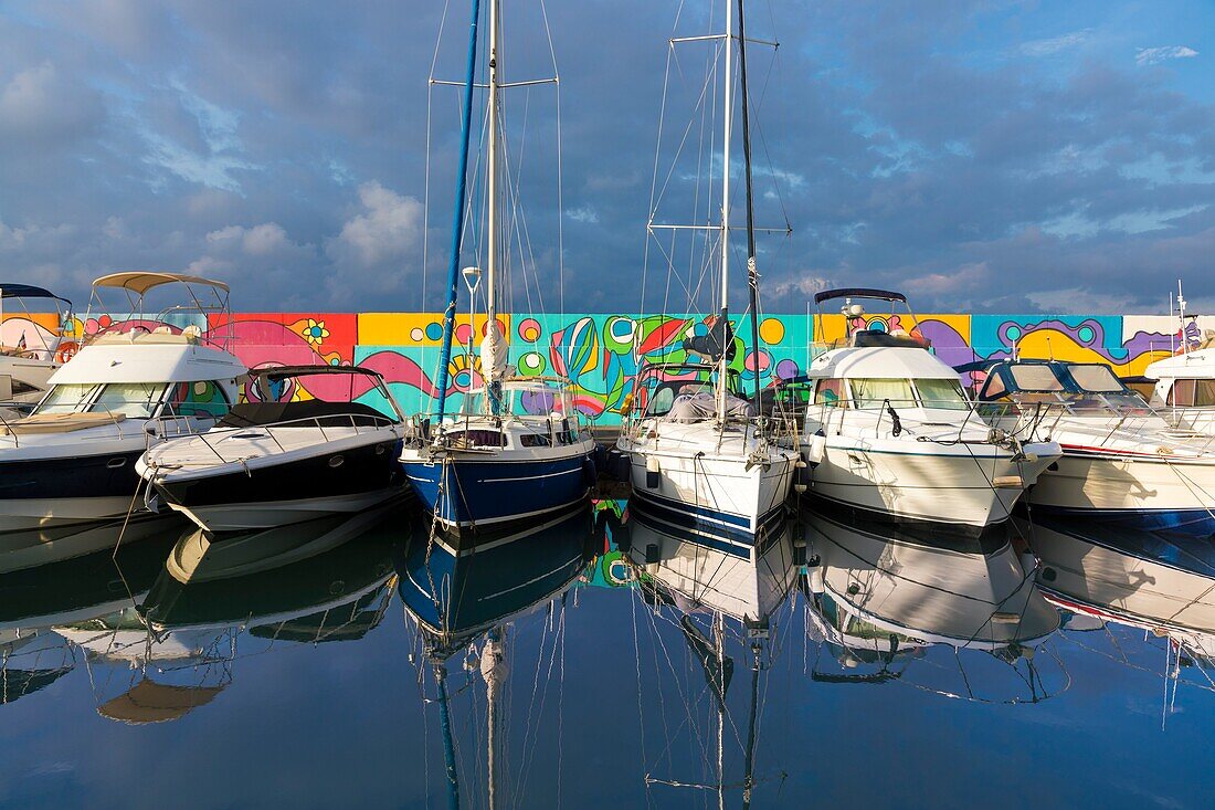 France, Var, Saint Raphael, Santa Lucia harbour, Mural painting by Florence Levy