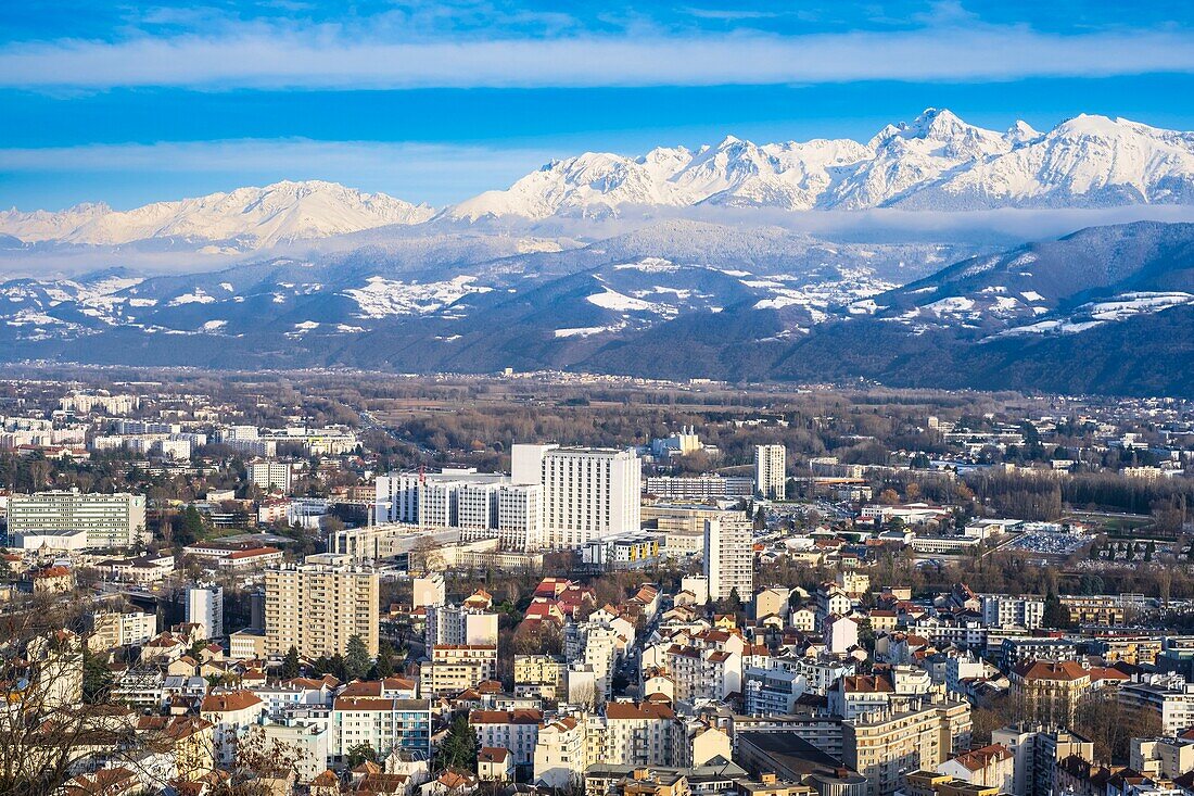 France, Isere, Grenoble, Ile Verte district and Belledonne massif in the background