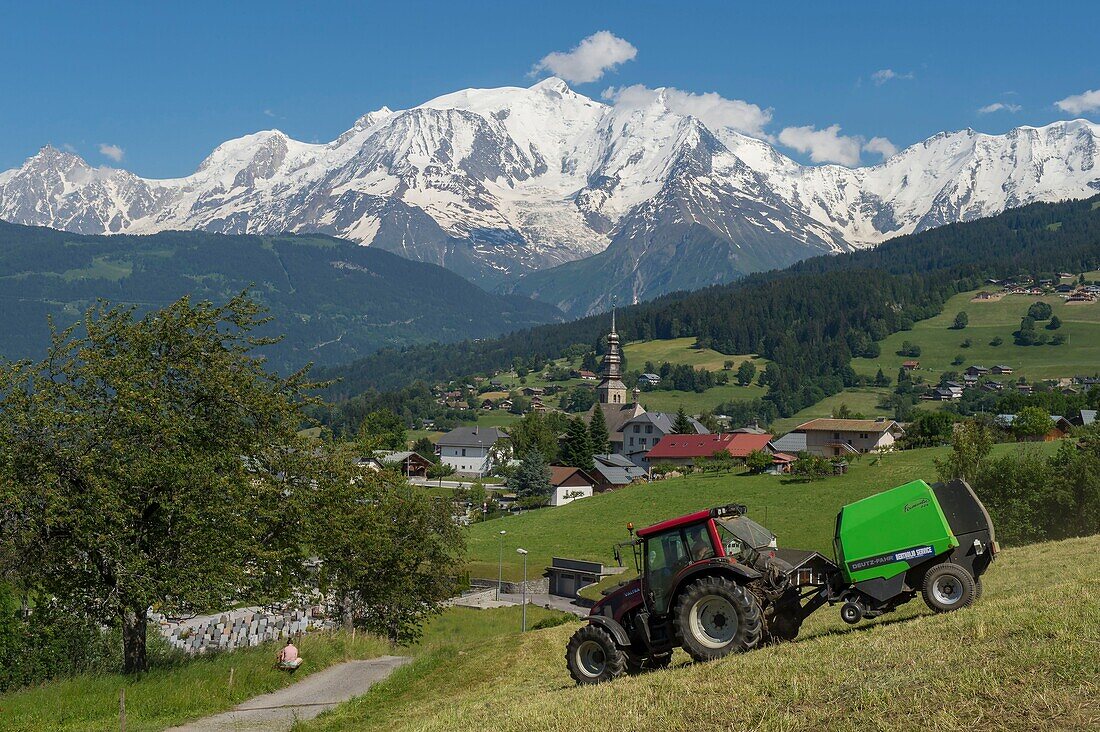 Haute Savoie, Frankreich, Alpen, Land des Mont Blanc, Combloux Gesamtansicht des Dorfes, das ideal zum Mont Blanc und zur Heugewinnung auf den Almen liegt