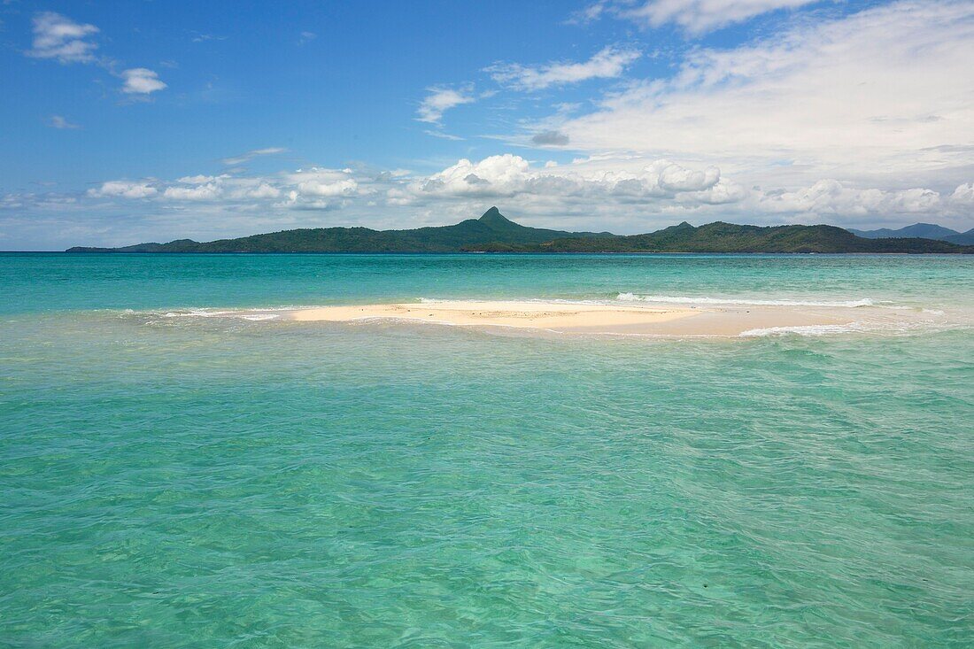 France, Mayotte island (French overseas department), Grande Terre, M'Tsamoudou, islet of white sand on the coral reef in the lagoon facing Saziley Point