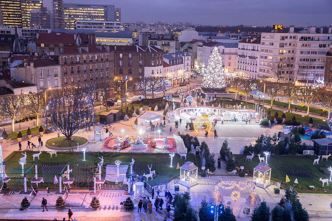 France, Hauts de Seine, Puteaux, esplanade of the City Hall, illuminations and Christmas decoration