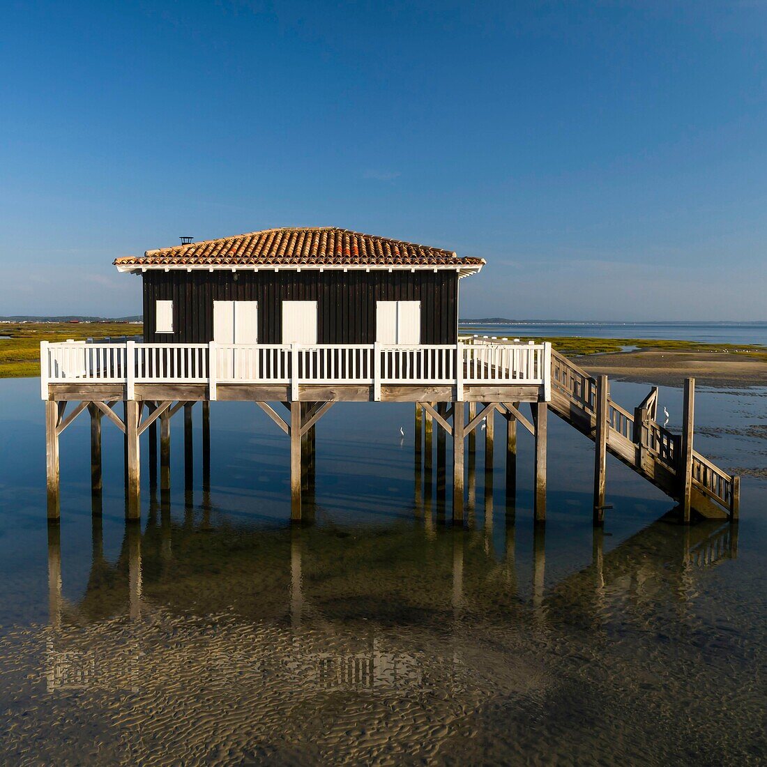 France, Gironde, Bassin d'Arcachon, La Teste-de-Buch, Ile aux Oiseaux, the Tchanques huts (aerial view)