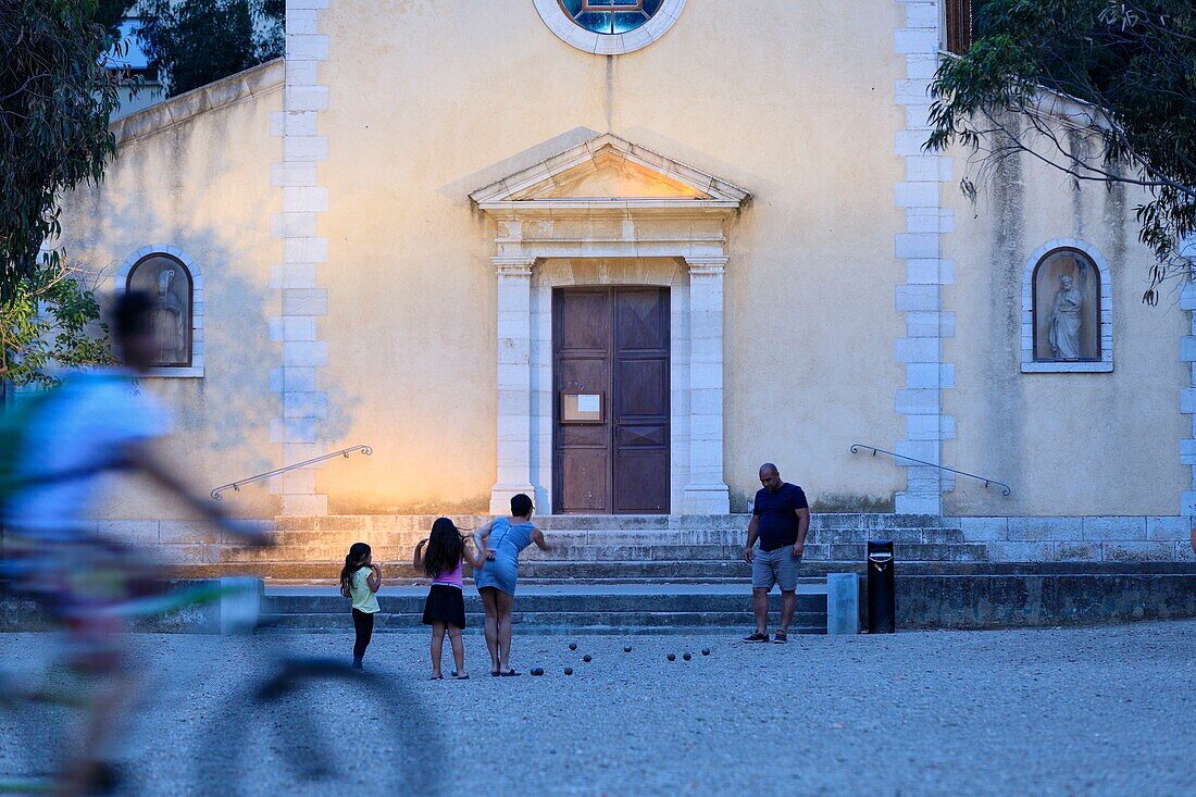 France, Var, Hyeres Islands, Porquerolles Island, Port Cros National Park, Porquerolles village, Place d'Armes, Sainte Anne church