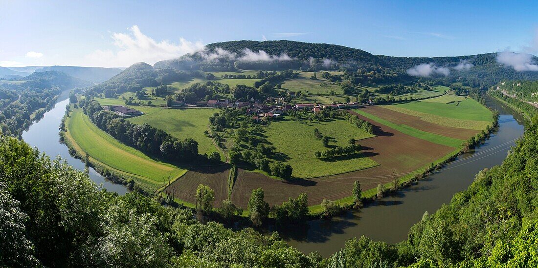 France, Doubs, Baumes Les Dames, veloroute, euro bike 6, panoramique vew of Gamache jump fairway and Esnant village