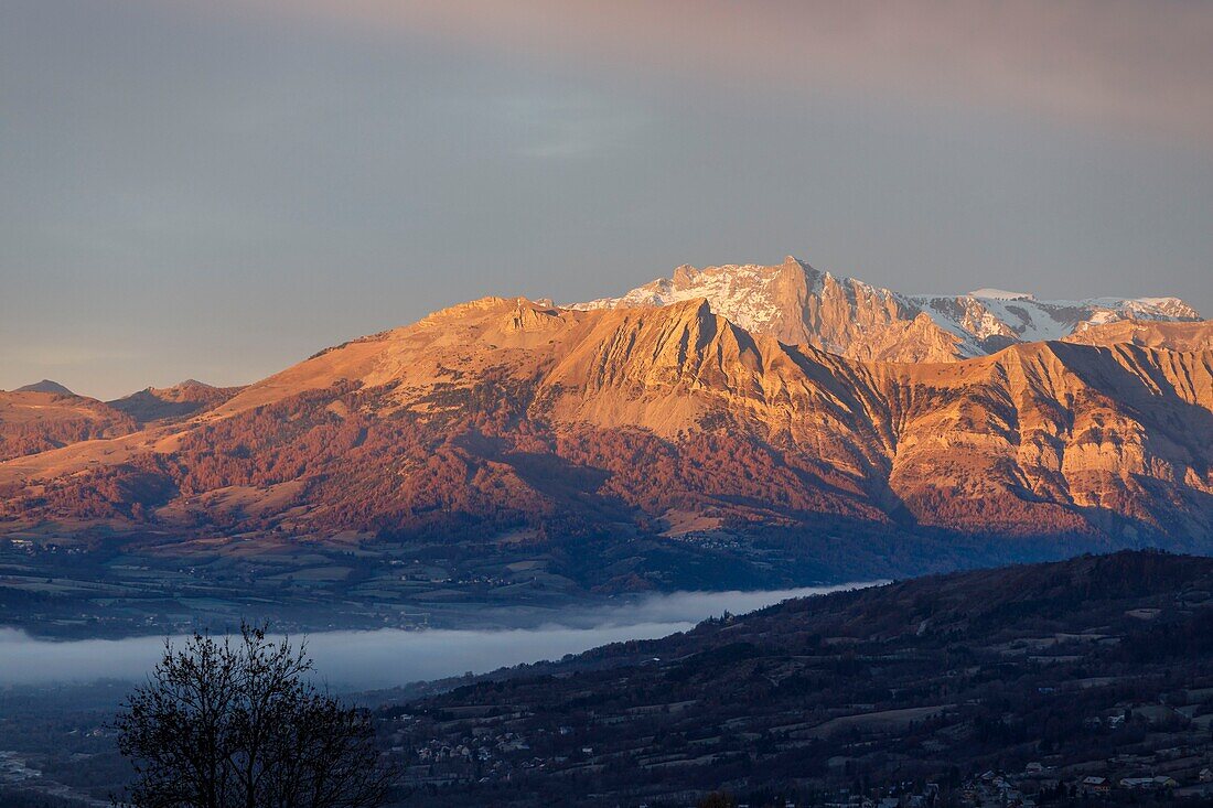 France, Hautes Alpes, Ecrins National Park, Orcieres, sunrise on the peak of Bure (2709m) seen from the Valgaudemar