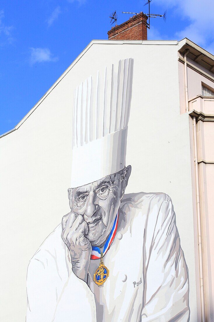 France, Rhone, Lyon, Cours Lafayette in front of Les Halles, painted wall representing the chef Paul Bocuse designed by the workshop CiteCreation