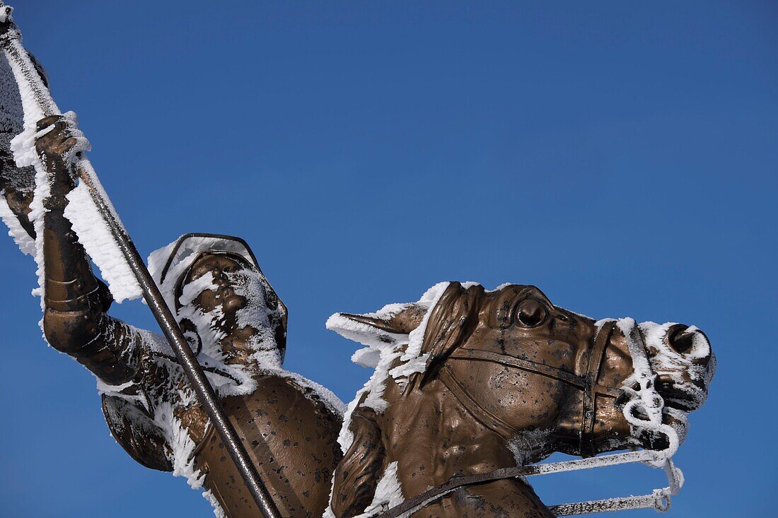 France, Territoire de Belfort, Ballon d'Alsace, summit (1241 m), statue of Jeanne d Arc, snow, winter