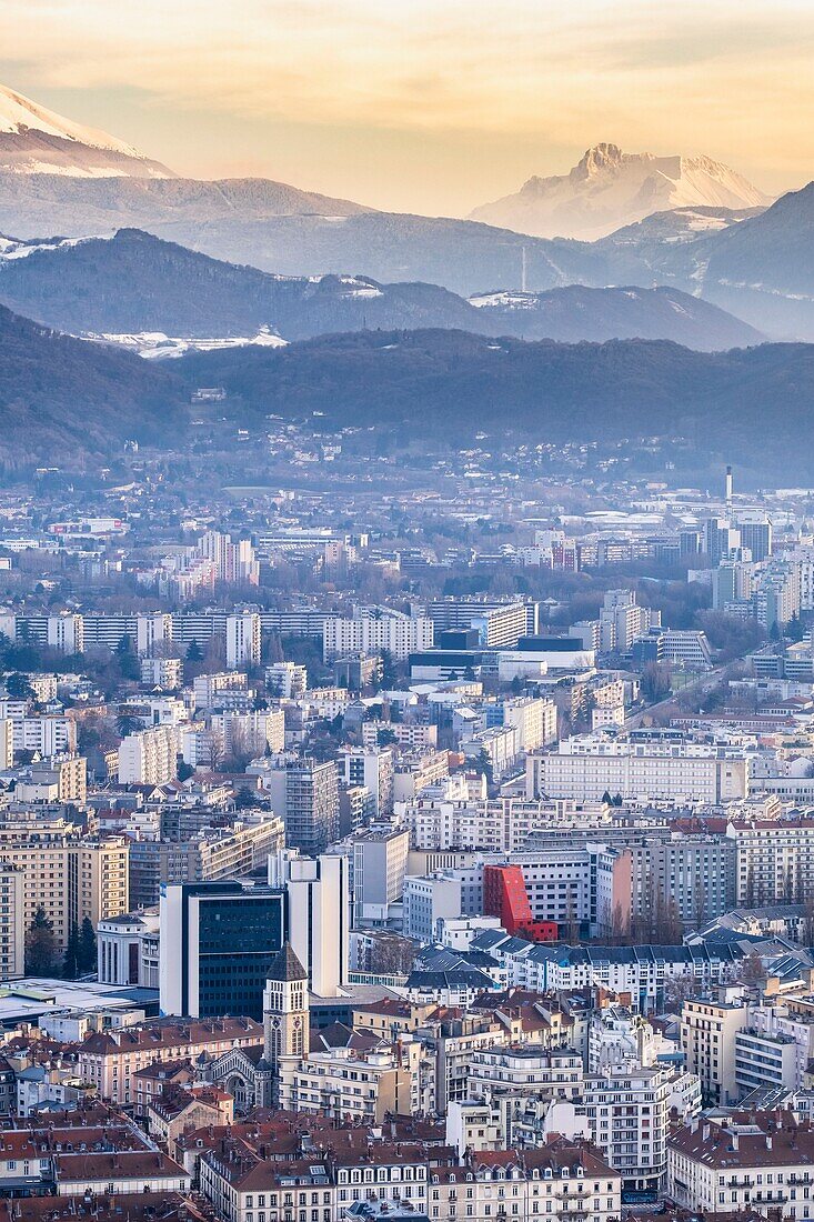 France, Isere, Grenoble, panorama over the city, Grande Tete de l'Obiou (alt: 2789 m) in the Devoluy massif in the background