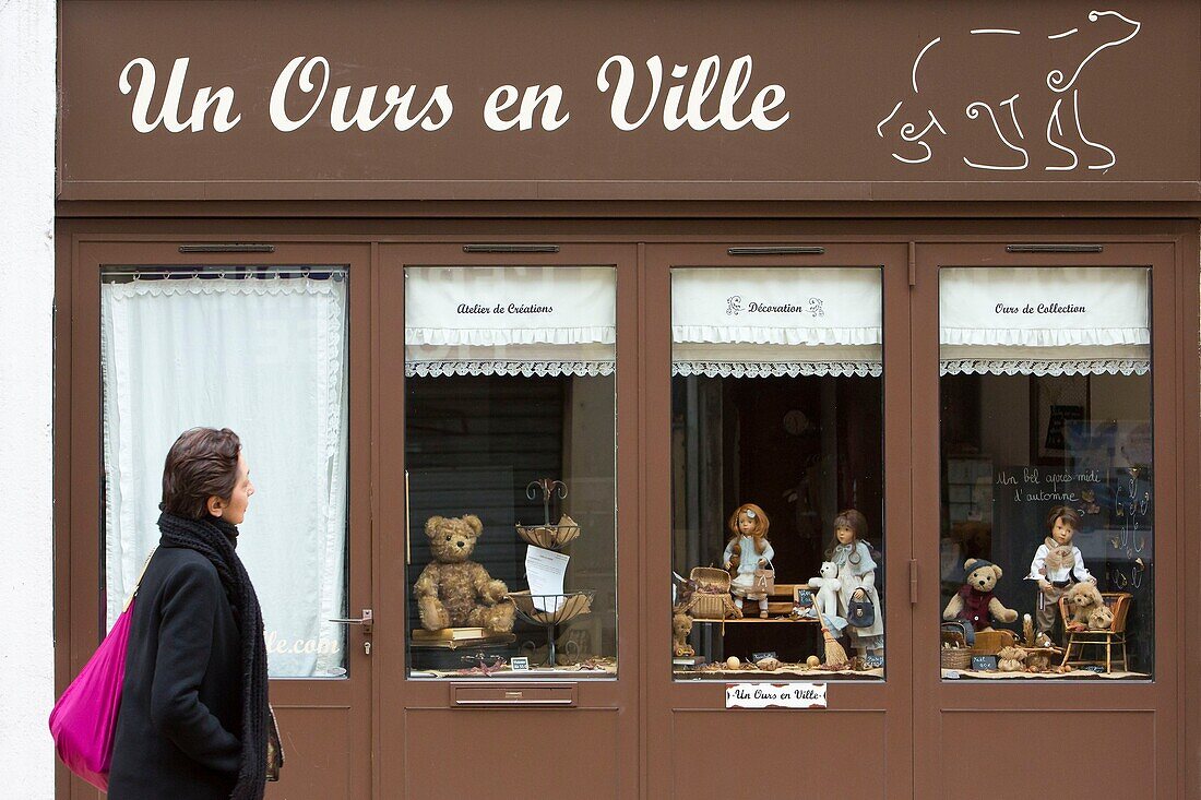 France, Cote d'Or, cultural landscape of Burgundy climates listed as World Heritage by UNESCO, Dijon, woman in front of a shop window