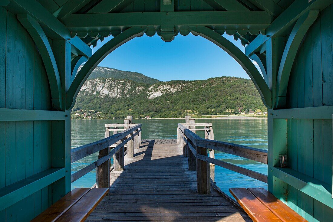 France, Haute Savoie, Lake Annecy, near the village of Talloires the covered pontoon of Angon
