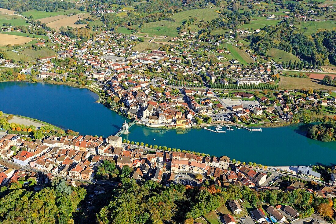 France, Haute Savoie, Ain, Seyssel, bridge over the Rhone (aerial view)