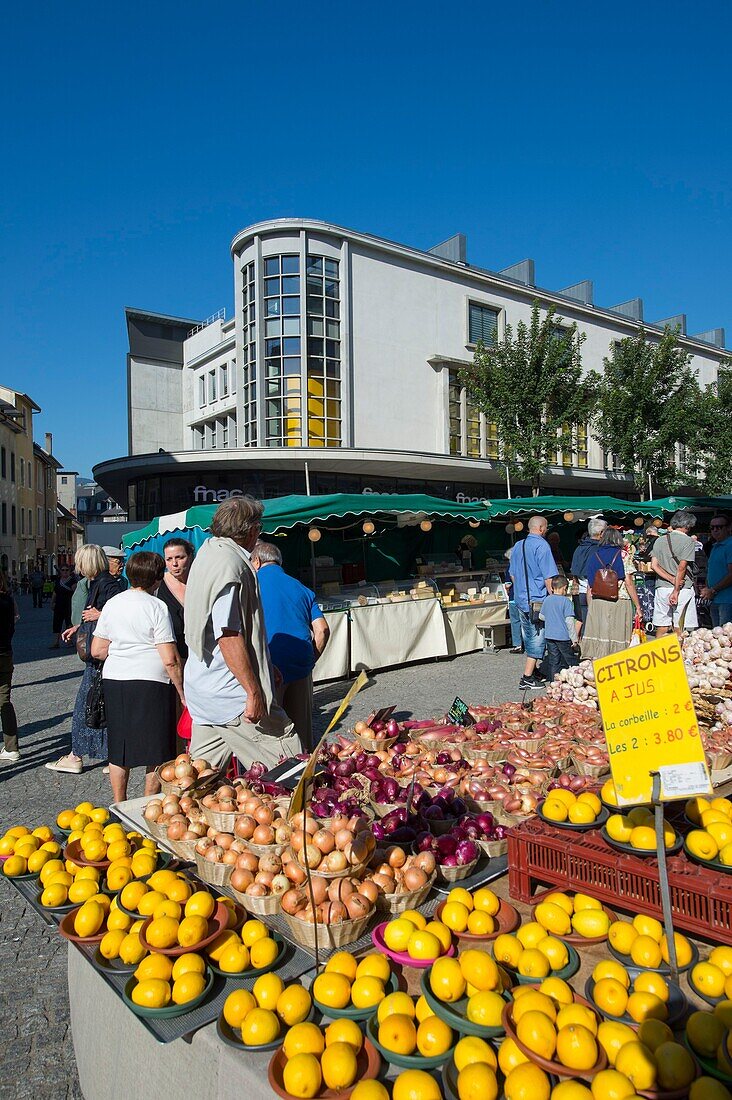 France, Savoie, Chambery, fruit display on the Saturday market Place de Geneve in front of the renovated halls