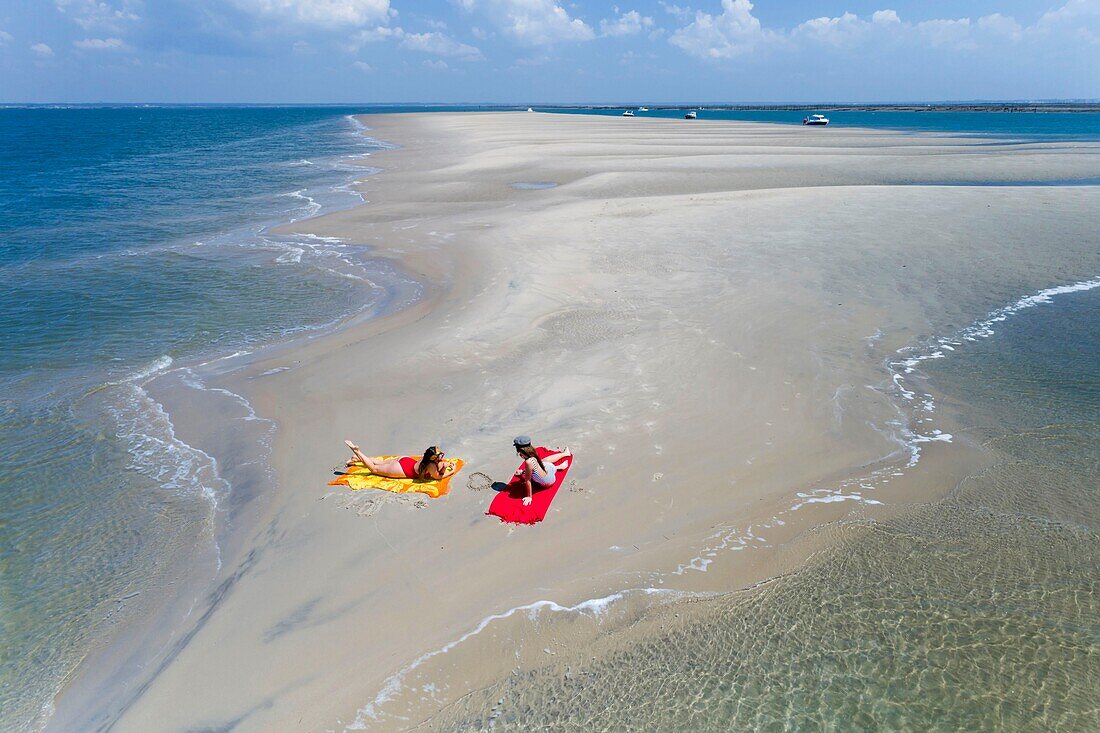 France, Gironde, Bassin d'Arcachon, sandbank at low tide along the Teychan channel (aerial view)