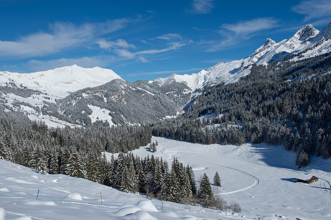 Frankreich, Haute Savoie, das Aravis-Massiv, oberhalb von La Clusaz der Weiler Les Confins und Pointe Percee