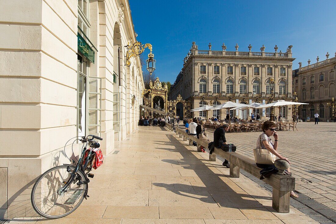 France, Meurthe et Moselle, Nancy, Stanislas square (former royal square) built by Stanislas Leszczynski, king of Poland and last duke of Lorraine in the 18th century, listed as World Heritage by UNESCO, facade of the Opera house and Amphitrite fountain, railing by Jean Lamour