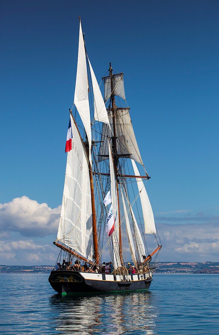 France, Finistere, Douarnenez, Festival Maritime Temps Fête, La Recouvrance, traditional sailboat on the port of Rosmeur