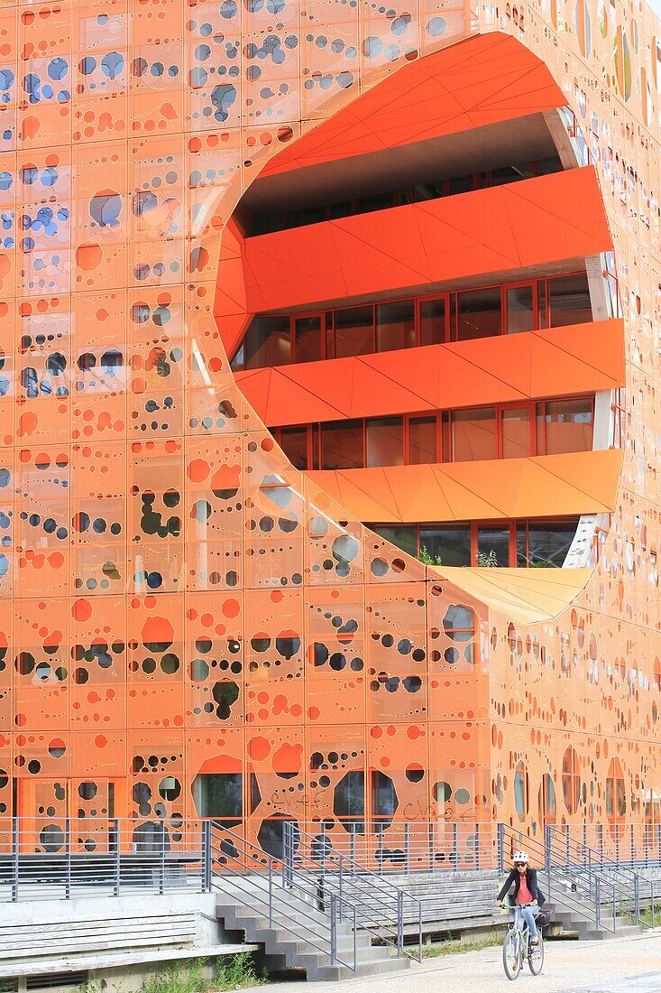 France, Rhone, Lyon, district of Confluence (2nd district), Cube Orange designed by architects Dominique Jakob and Brendan MacFarlane, exterior structure with a metal mesh