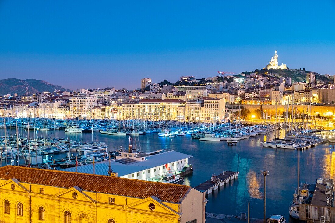 France, Bouches du Rhone, Marseille, the Old Port, Notre Dame de la Garde basilica