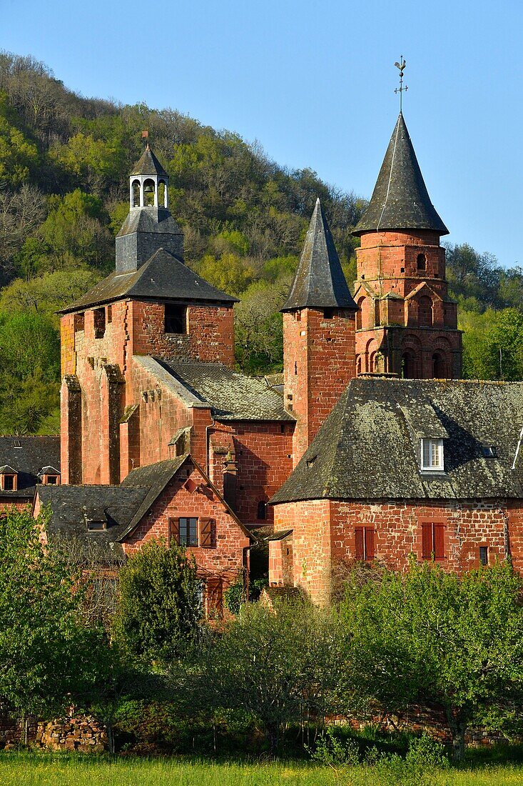 France, Correze, Collonges la Rouge, labelled Les Plus Beaux Villages de France (The Most Beautiful Villages of France), village built in red sandstone, St Pierre Church