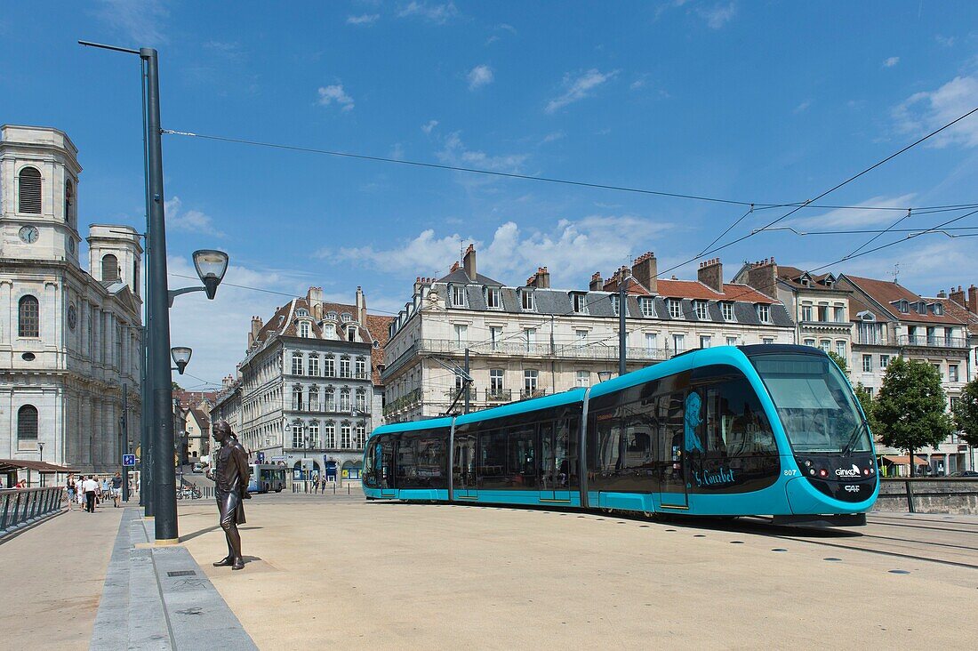 France, Doubs, Besancon the Battant district, the Jouffroy place of Abbans in front of the Madeleine church and new tramway developments