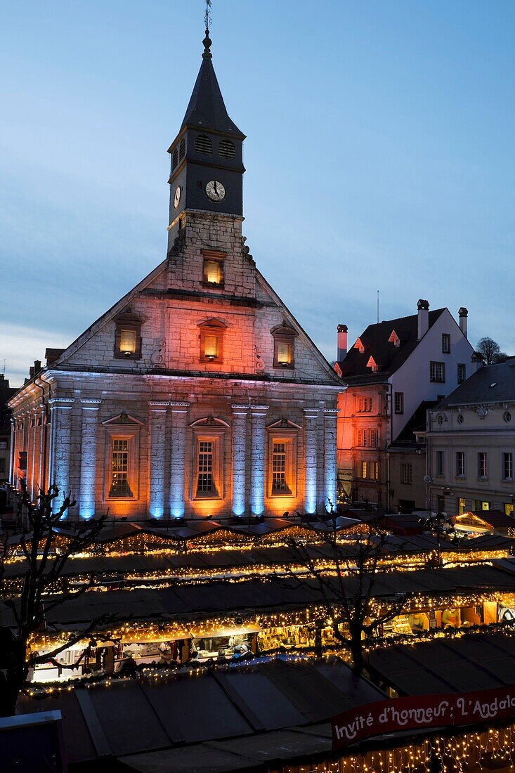 France, Doubs, Montbeliard, Place Saint Martin, temple, Christmas market