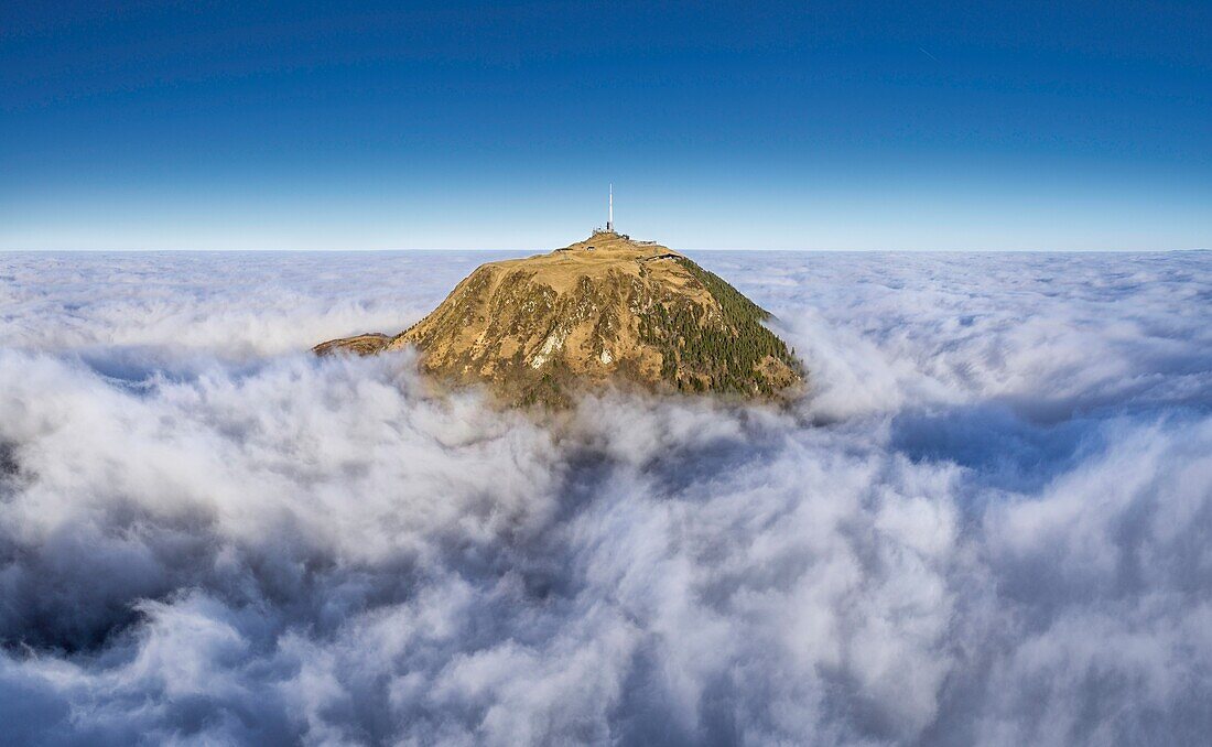 France, Puy de Dome, Orcines, Regional Natural Park of the Auvergne Volcanoes, the Chaîne des Puys, listed as World Heritage by UNESCO, the Puy de Dome volcano (aerial view)