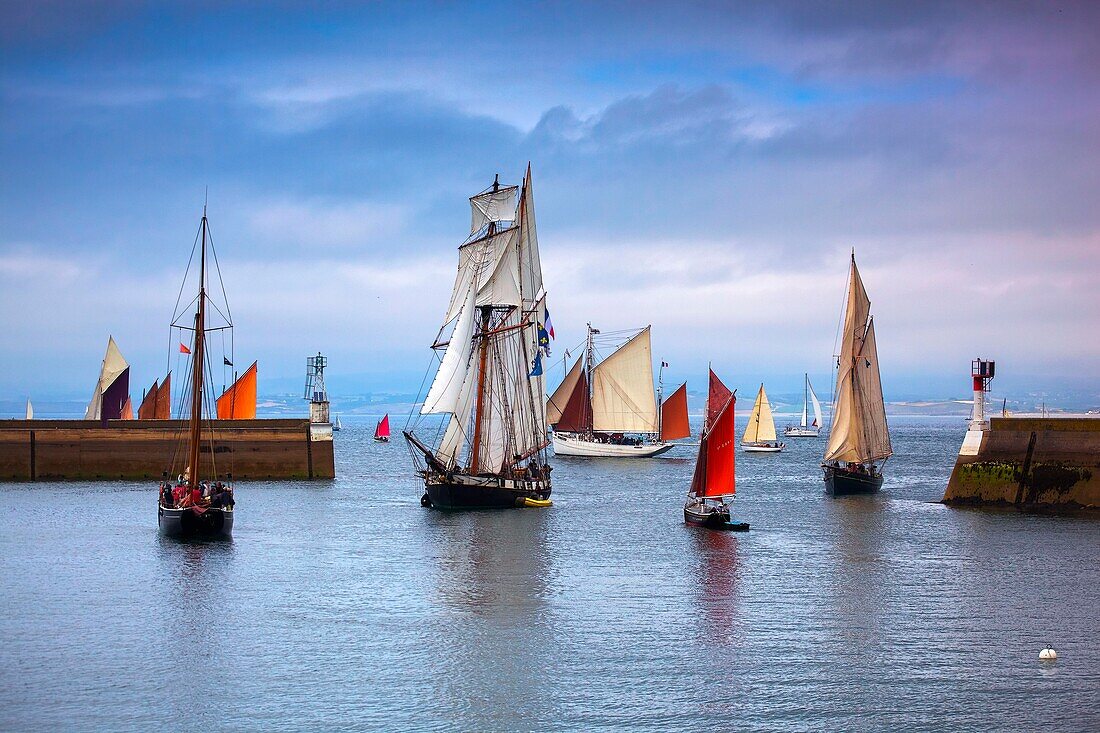 France, Finistere, Douarnenez, Festival Maritime Temps Fête, sailboats and old rigging on the port of Rosmeur