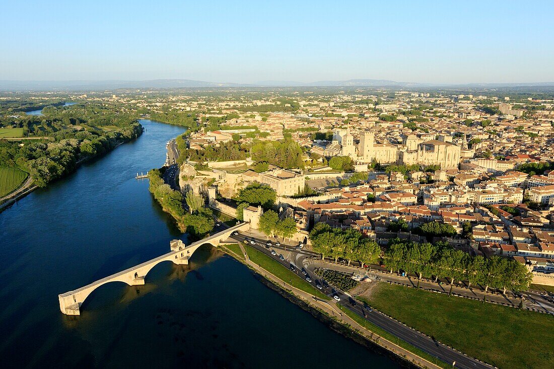 France, Vaucluse, Avignon, the Saint Benezet bridge (XII) on the Rhone, listed as World Heritage by UNESCO (aerial view)