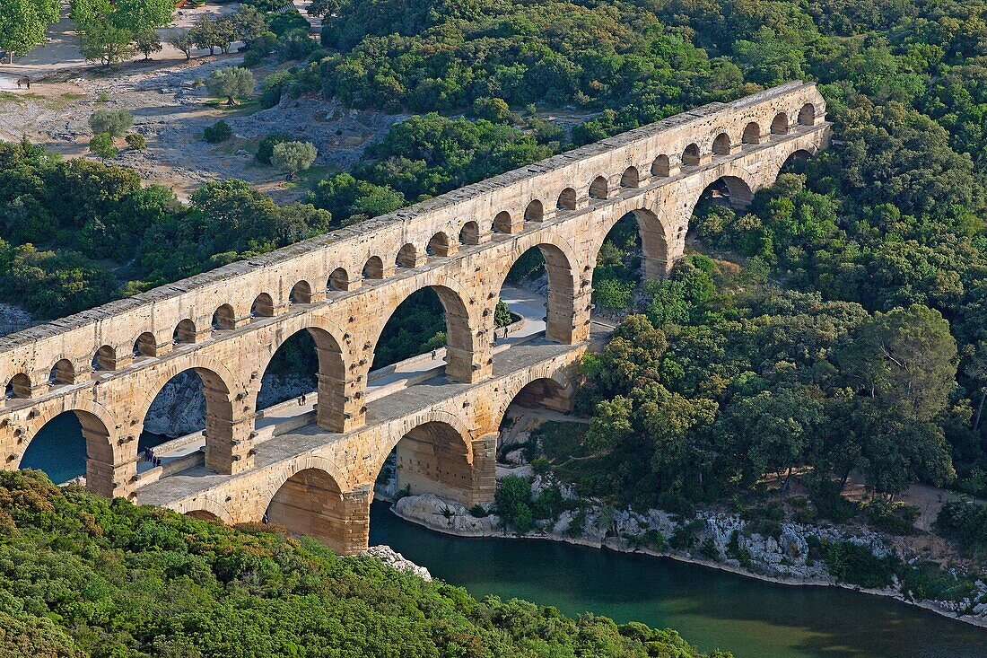 France, Gard, Vers Pont du Gard, Pont du Gard, aqueduct Romain, classified as Historic Monument (aerial view)