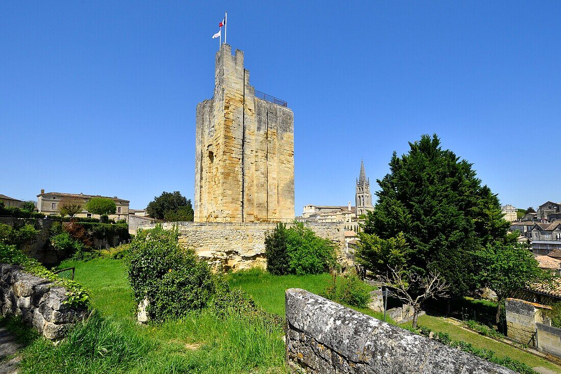 Frankreich, Gironde, Saint Emilion, von der UNESCO zum Weltkulturerbe erklärt, Turm Roy, Bergfried aus dem 13. Jahrhundert, einziges Überbleibsel der Burg Saint Emilion, im Hintergrund die vollständig in den Fels gehauene monolithische Kirche aus dem 11.