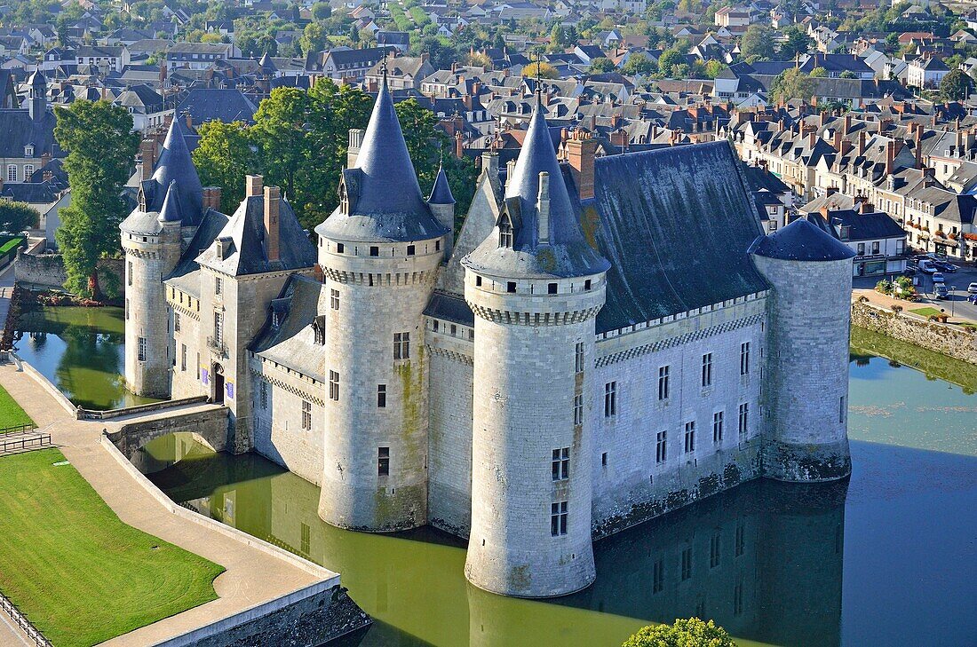 France, Loiret, Loire valley classified in the World heritage of the UNESCO, Sully sur Loire, the castle (aerial view)