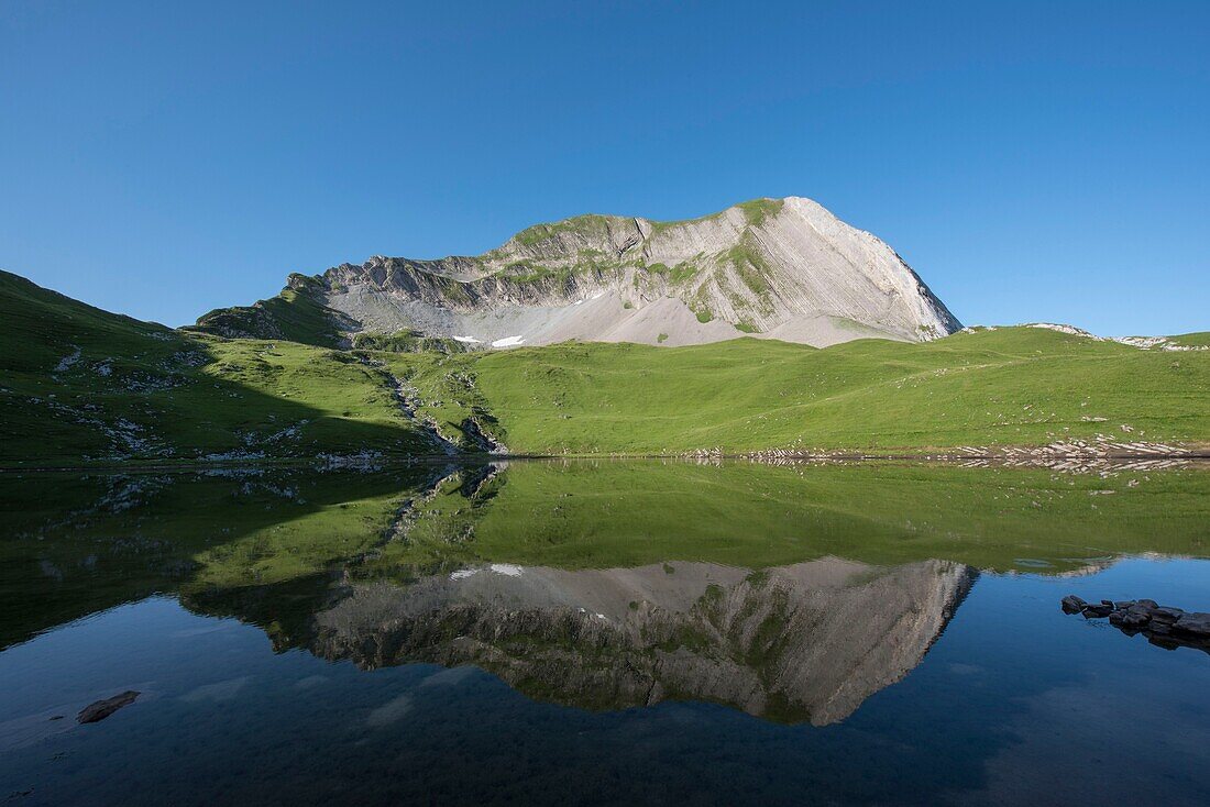 Frankreich, Haute Savoie, Aravis-Massiv, Manigod, Wanderung am Charvin-See, der See und die Nordwand des Mont Charvin
