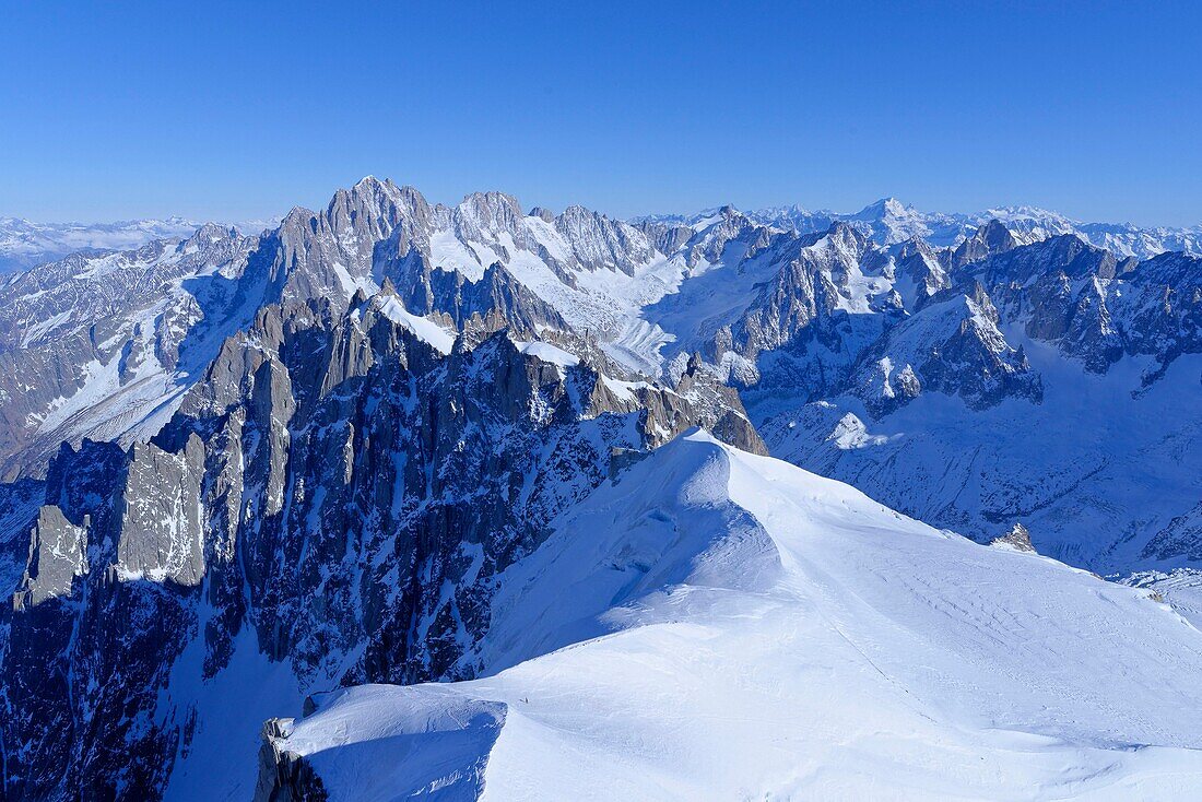 France, Haute Savoie, Chamonix Mont Blanc, alpinists on the ridge of the aiguille du Midi (3848m), Mont Blanc range, descent of the Vallee Blanche