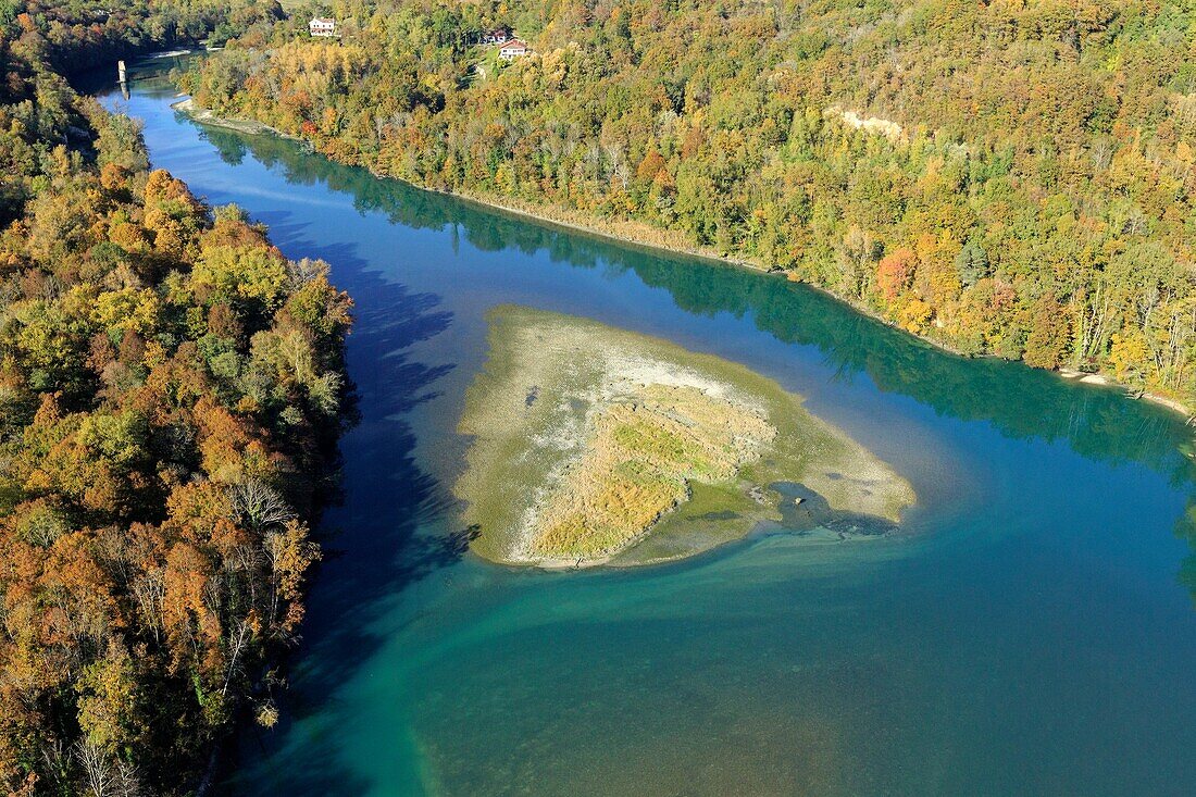 France, Haute Savoie, Ain, Challonges and Chanay, The Rhone (aerial view)