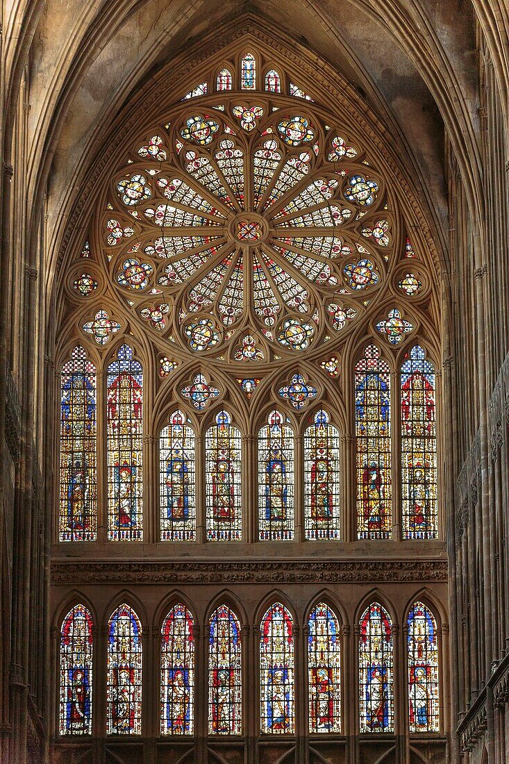 France, Moselle, Metz,Saint Etienne of Metz gothic cathedral, the stained glass windows of the western facade by Hermann de Munster