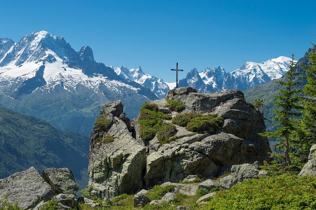 France, Haute Savoie, Chamonix Vallorcine, Aiguilles Rouges massif, mountain bike ride to the Loriaz refuge, the Loriaz cross and Mont Blanc Massif