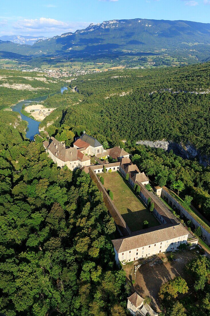 France, Ain, Virignin, Chartreuse Fortress of Pierre Chatel XII, The Rhone (aerial view)