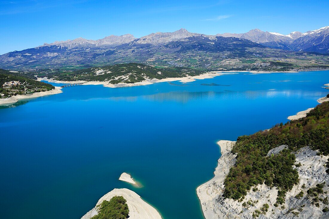 France, Hautes Alpes, Sauze du Lac, Serre Ponçon lake, Chorges and the Chanteloube viaduct in the background (aerial view)