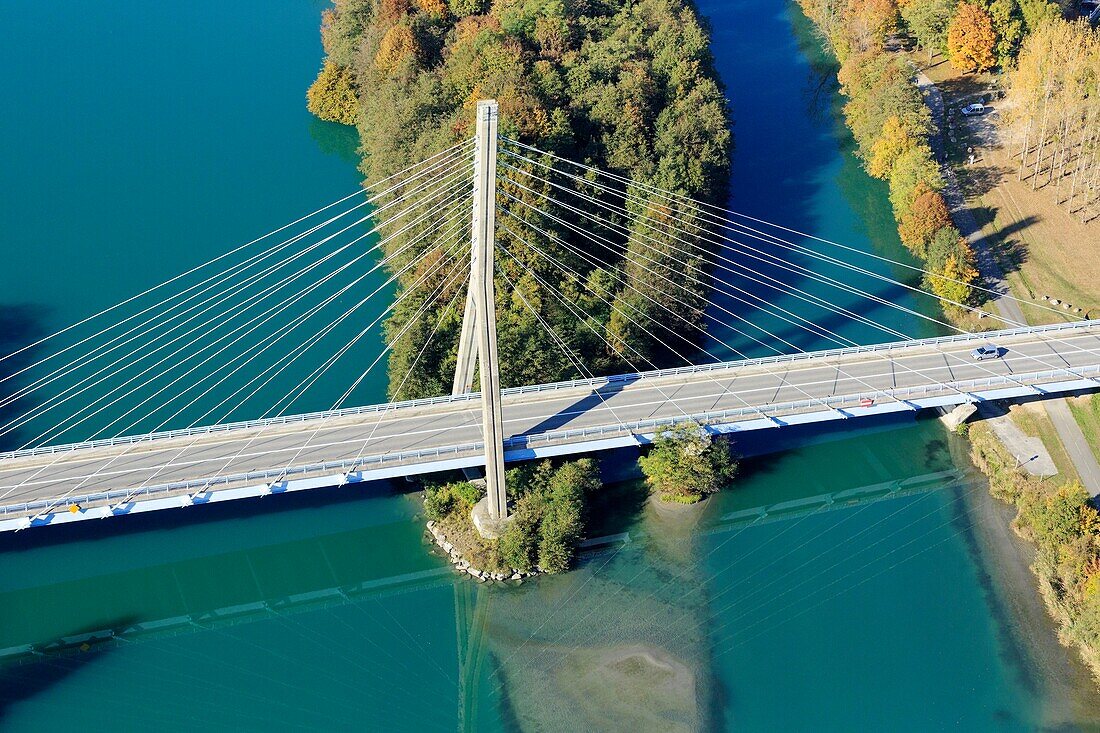 France, Haute Savoie, Ain, Seyssel, bridge over the Rhone (aerial view)