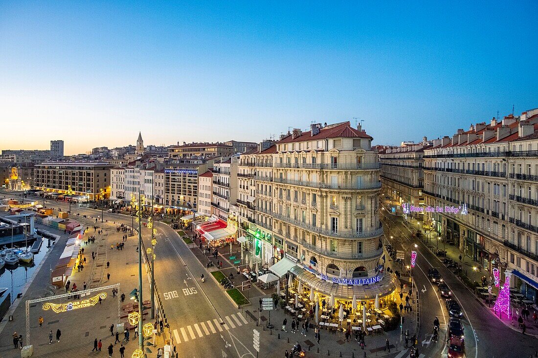 France, Bouches du Rhone, Marseille, the city center the Samaritaine building and the rue de la Republique (aerial view)