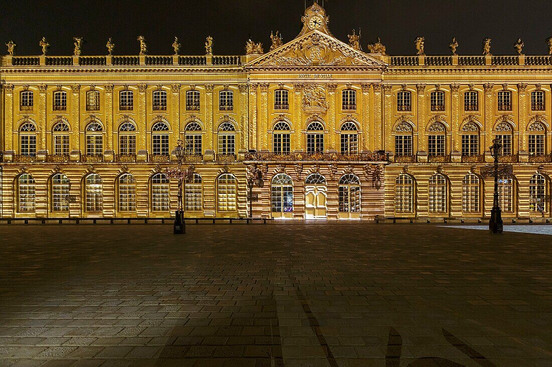 France, Meurthe et Moselle, Nancy, Stanislas square (former royal square) built by Stanislas Leszczynski, king of Poland and last duke of Lorraine in the 18th century, listed as World Heritage by UNESCO, facade of the townhall during the lightshow dedicated to Saint Nicolas