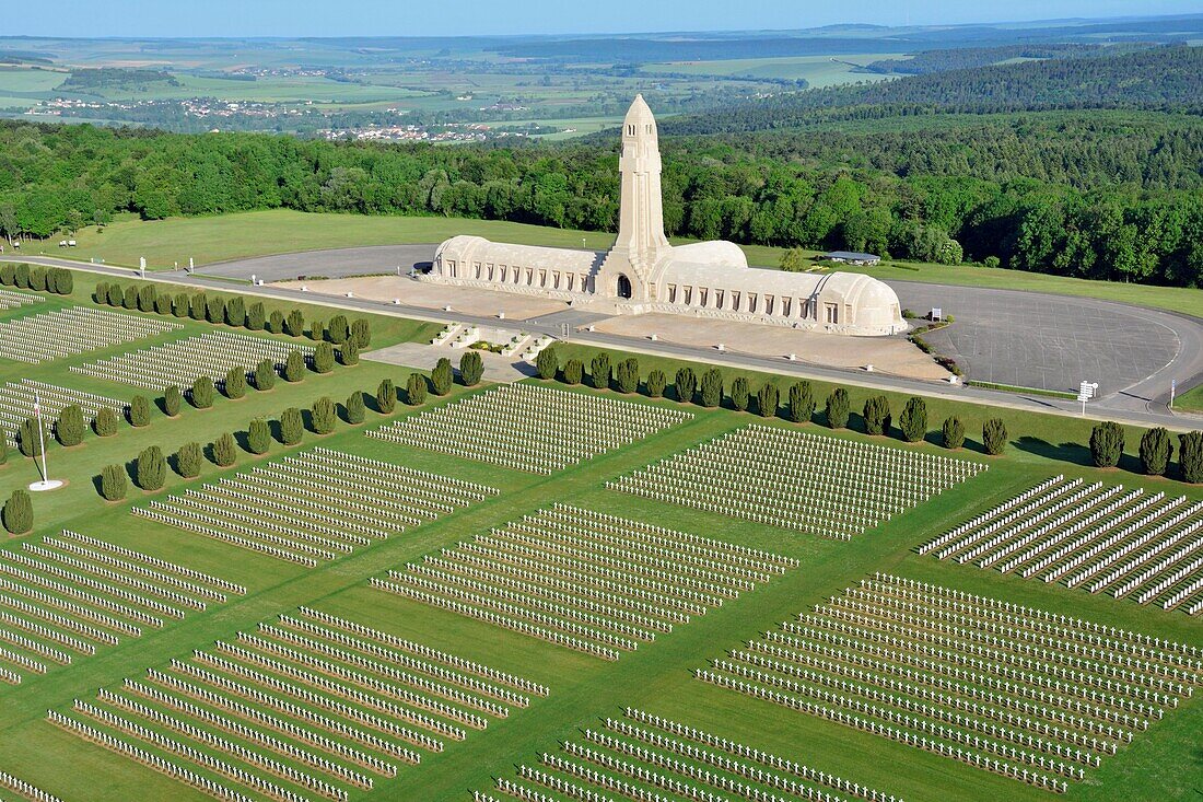 France, Meuse, Douaumont, Ossuary of Douaumont the military cemetery of the deaths of the war 14 18 (aerial view)