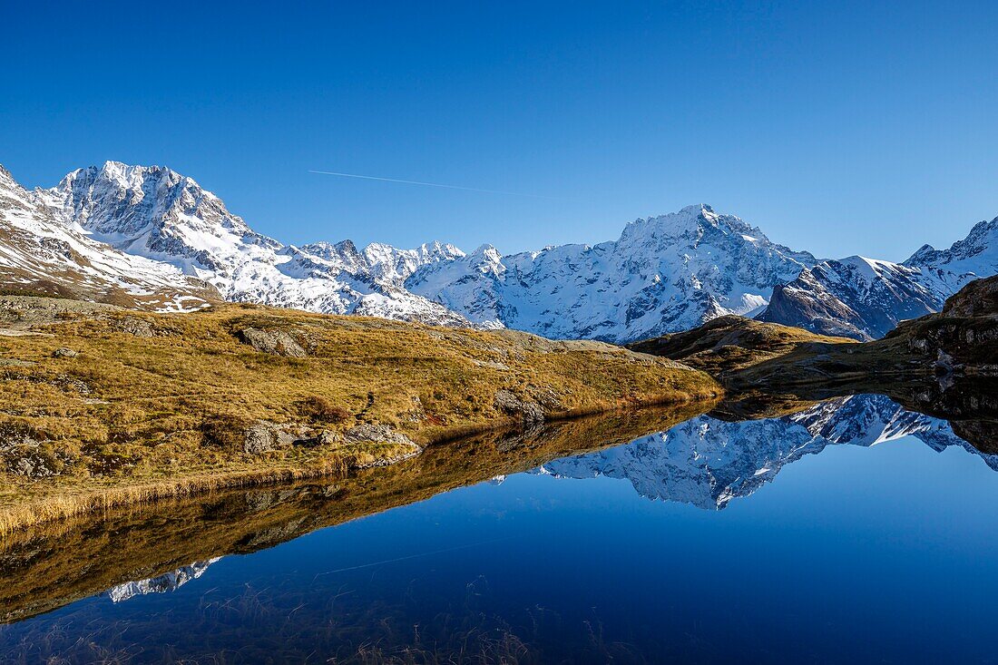 France, Hautes Alpes, national park of Ecrins, valley of Valgaudemar, La Chapelle en Valgaudémar, reflection of Sirac (3441m) on the lake of Lauzon (2008m), on the left the peak Jocelme (3458m)