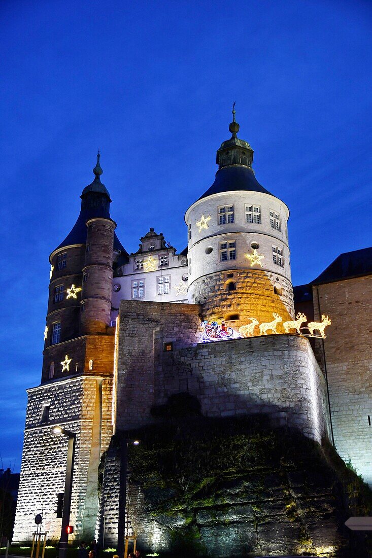 France, Doubs, Montbeliard, Castle of the Dukes of Württemberg, Christmas lights