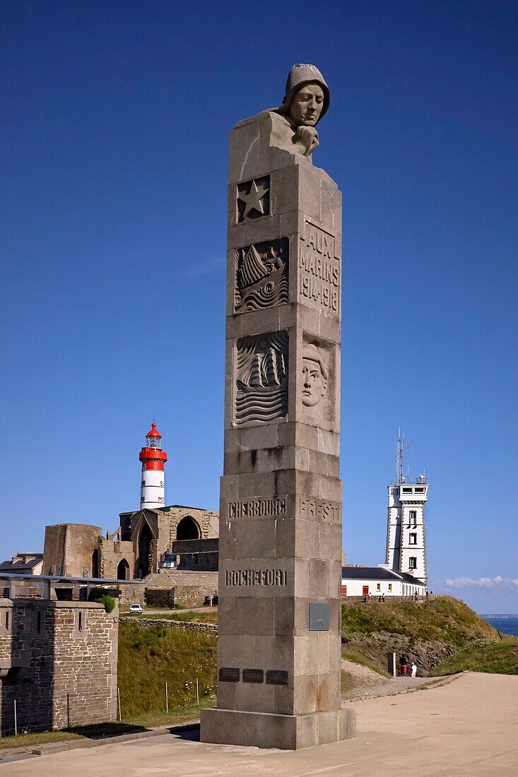 France, Finistere, Plougonvelin, Pointe de Saint Mathieu, Starting point of the Way to Santiago de Compostela, Saint Mathieu lighthouse, Saint-Mathieu de Fine Terre abbey, Semaphore and Cenotaph, memorial to the dead sailors for France