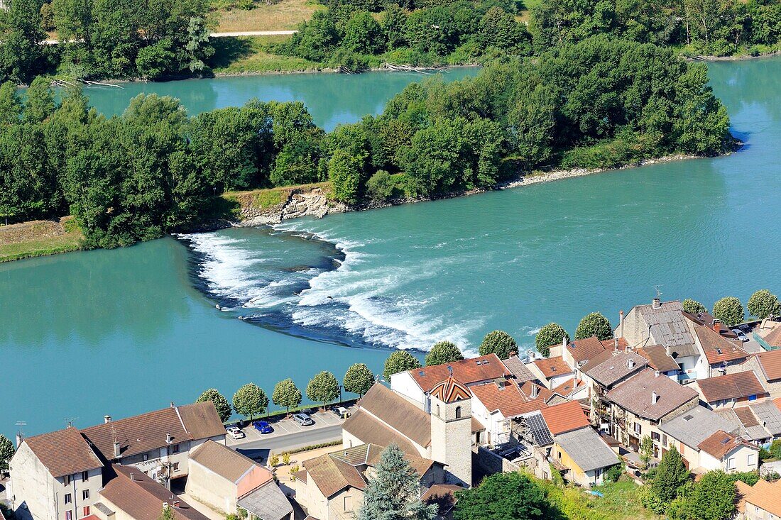 France, Ain, Sault Brenaz, threshold on the Rhone (aerial view)