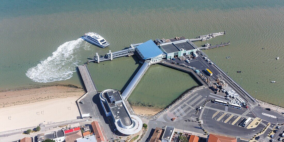 France, Vendee, La Barre de Monts, the Fromentine harbour station (aerial view)