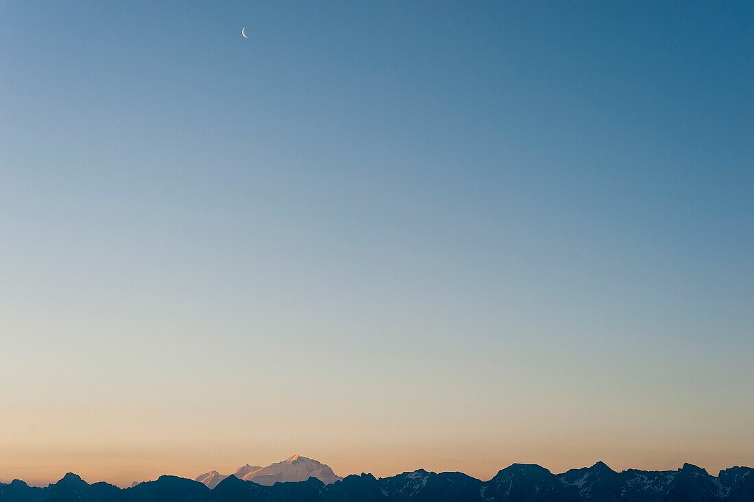 France, Haute Savoie, Entremont, Mont Blanc and Aravis moutain range at sunrise